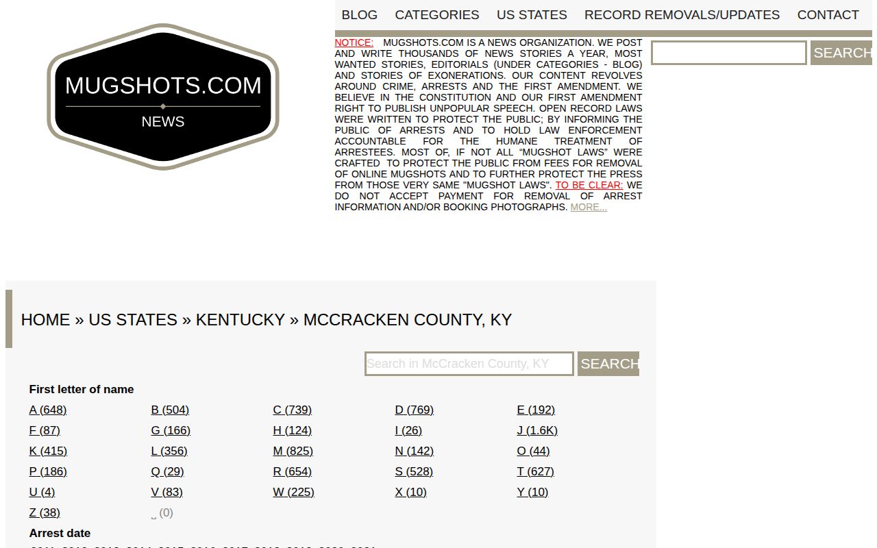 Unofficial Mugshots.com McCracken County arrest archive