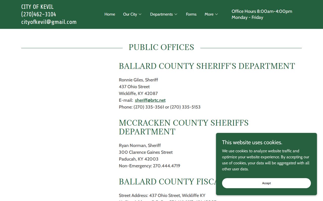 City of Kevil public safety page listing Ballard and McCracken agency routes