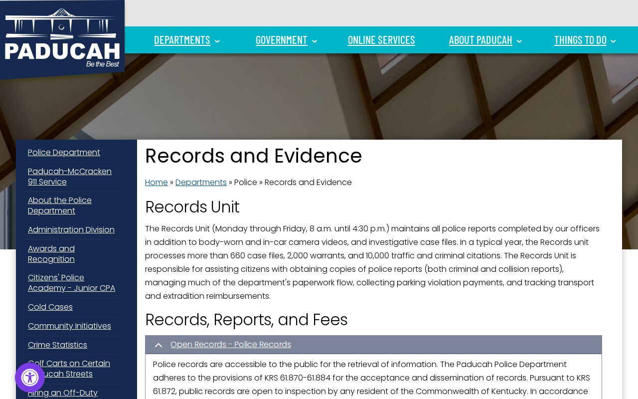 Paducah Police Records and Evidence request instructions