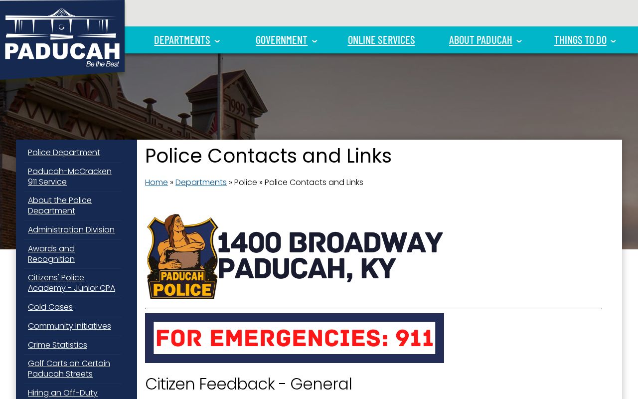 Paducah Police Department official contacts and links page