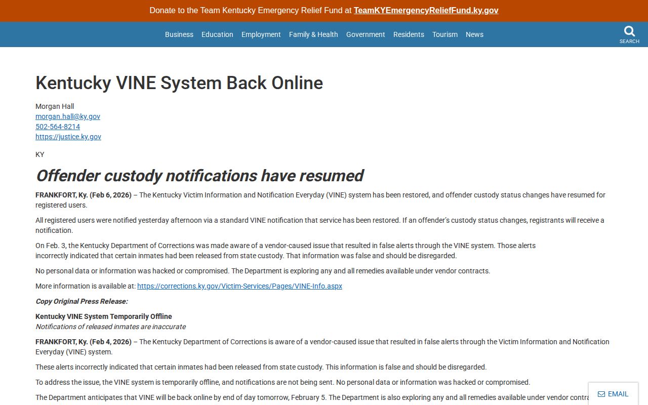 Kentucky government notice about restoration after a VINE false-alert event